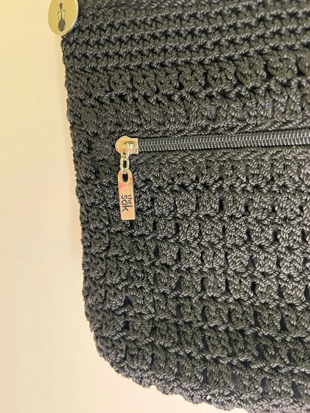 The Sak Black Crochet Shoulder Bag Boho Knit Purse Zip Pocket